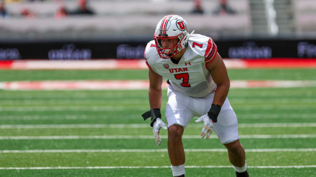 Utah Utes sophomore defensive end Van Fillinger (7) prepares to rush the quarter back in the first half of the Utah Spring Football Game at Rice Eccles Stadium.